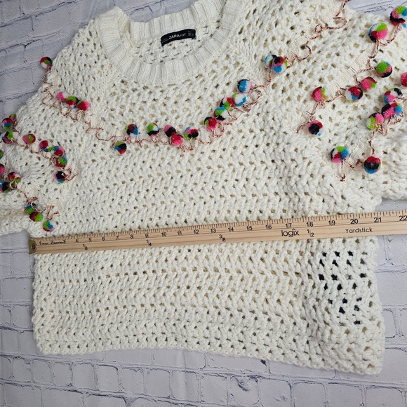 Zara Knit Women Ivory Crochet Pom Pom Cropped Sweater Small Wool Blend - Picture 6 of 10